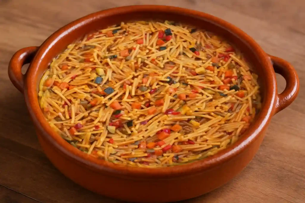 Plato de fideos con verduras españoles servidos en cazuela tradicional con pimientos, calabacín y zanahoria