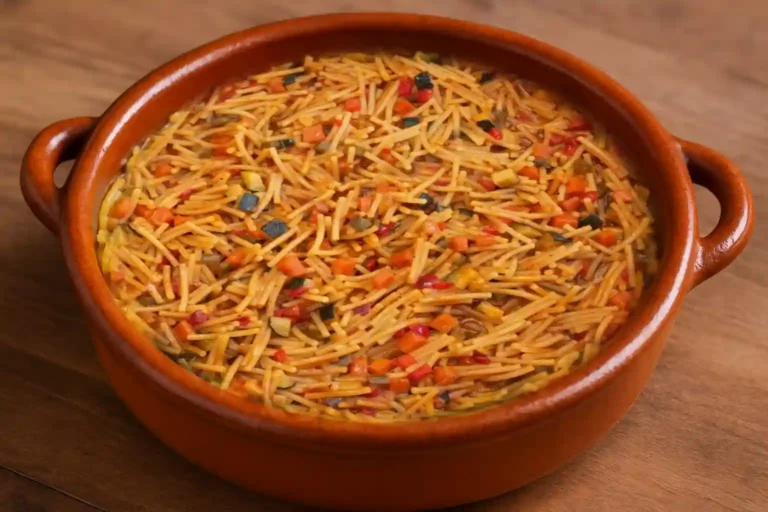 Plato de fideos con verduras españoles servidos en cazuela tradicional con pimientos, calabacín y zanahoria
