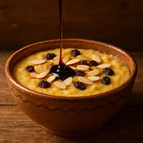 Frangollo canario tradicional servido en bowl con almendras, pasas y miel de palma
