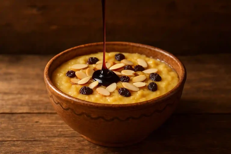 Frangollo canario tradicional servido en bowl con almendras, pasas y miel de palma