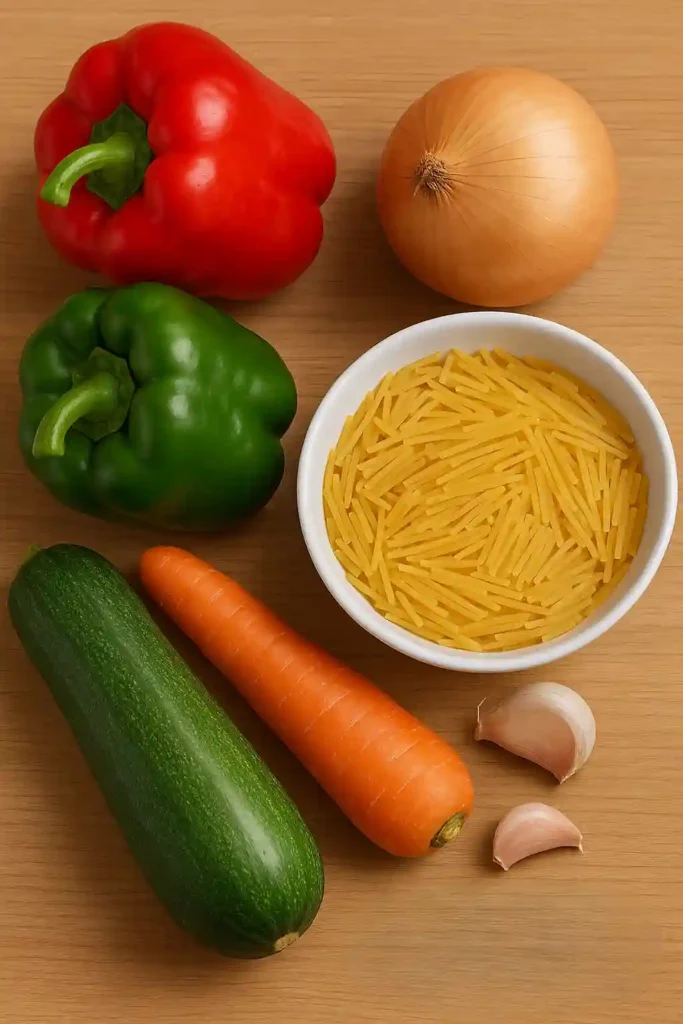Ingredientes para fideos con verduras: pimientos rojos y verdes, calabacín, zanahoria, cebolla, ajo y fideos número 4