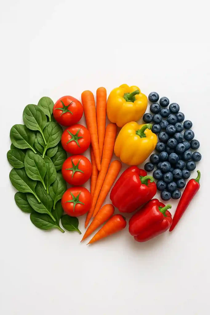 Variedad de frutas y verduras frescas para una alimentación equilibrada y perder peso