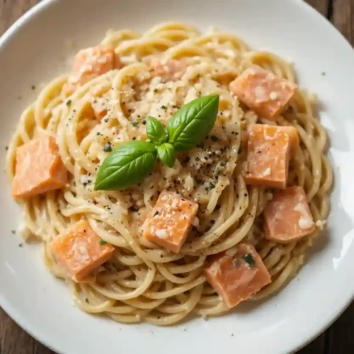 Plato de espaguetis con salmón en salsa cremosa decorado con albahaca fresca
