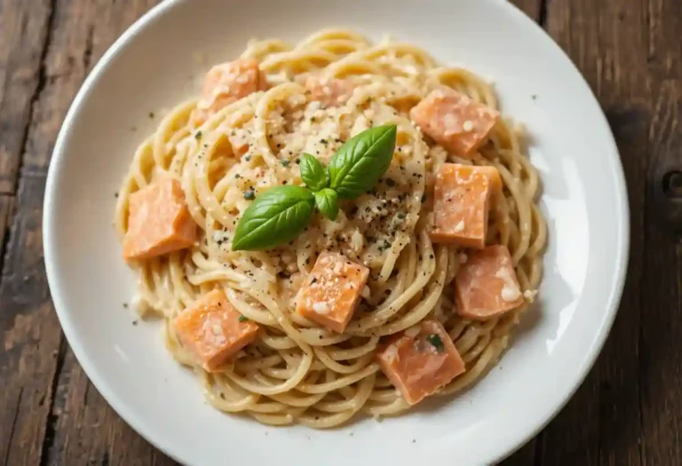 Plato de espaguetis con salmón en salsa cremosa decorado con albahaca fresca