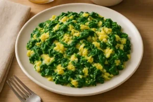 Revuelto de espinacas cremoso con huevos en plato blanco, acompañado de pan tostado, vista superior