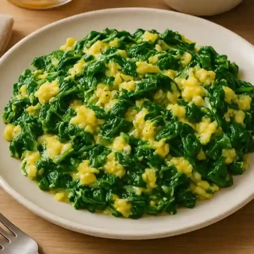 Revuelto de espinacas cremoso con huevos en plato blanco, acompañado de pan tostado, vista superior
