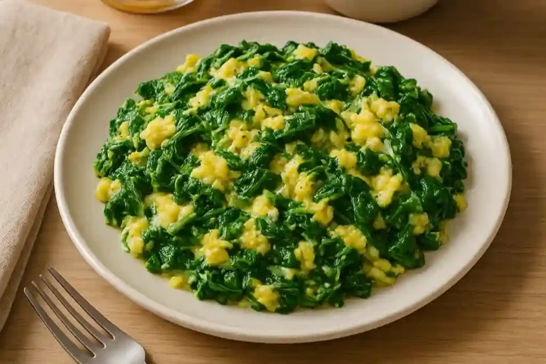 Revuelto de espinacas cremoso con huevos en plato blanco, acompañado de pan tostado, vista superior