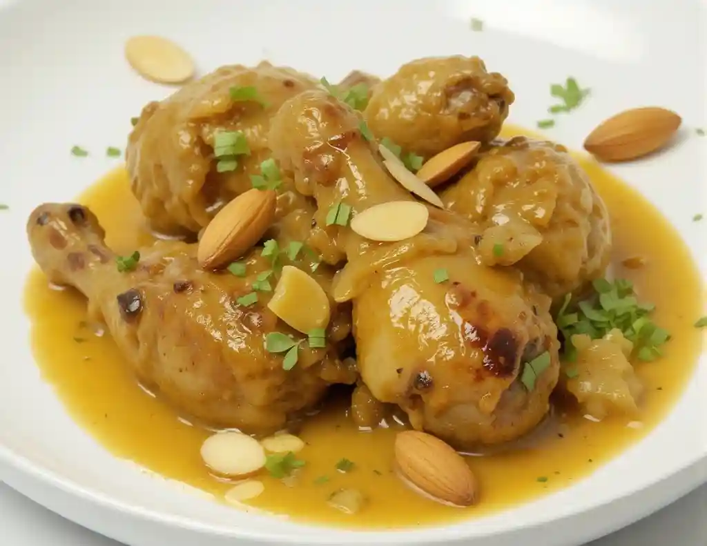 Pollo en salsa de almendras servido en cazuela tradicional de barro con perejil fresco