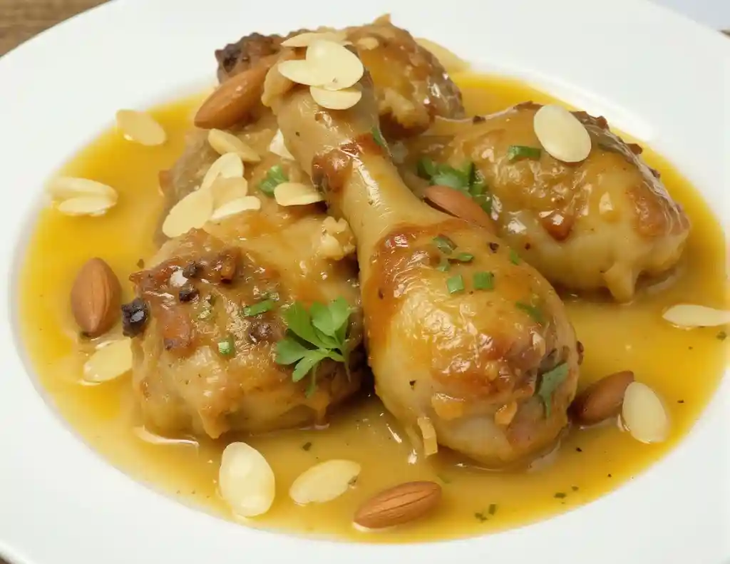 Pollo en salsa de almendras servido en cazuela tradicional de barro con perejil fresco, pechuga