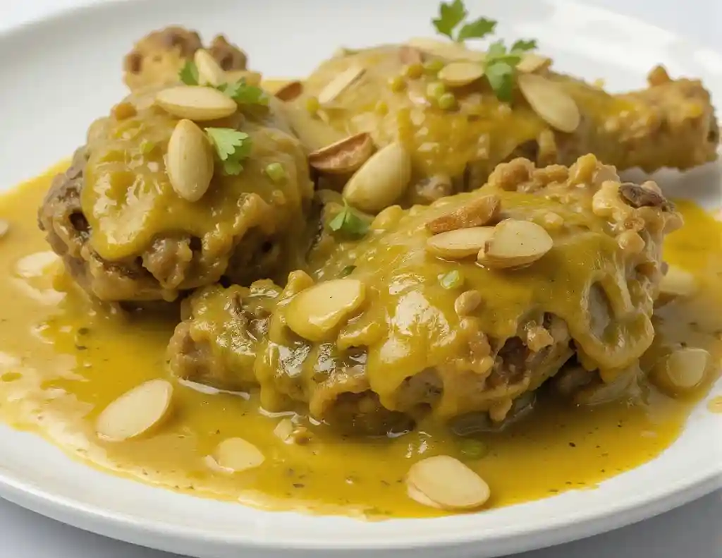 ollo en salsa de almendras servido en cazuela tradicional de barro con perejil 