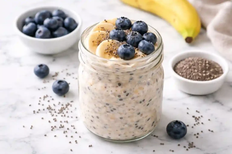 Frasco de vidrio lleno de avena nocturna cremosa con arándanos frescos y rodajas de plátano, sobre superficie de mármol blanco con semillas de chía esparcidas