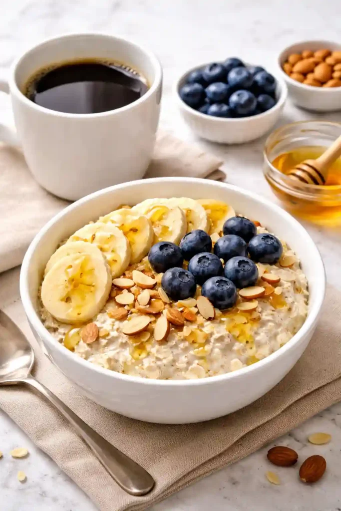 Desayuno de avena nocturna con arándanos y plátano servido en bowl blanco, decorado con almendras fileteadas y miel, junto a taza de café