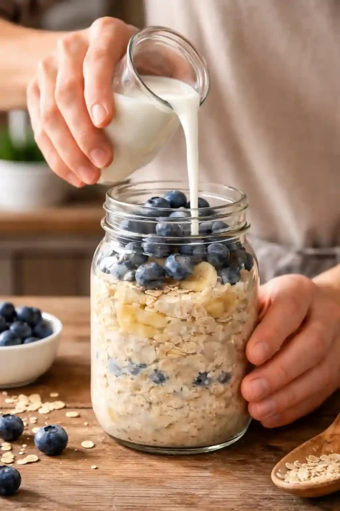 Manos vertiendo leche sobre mezcla de Avena Nocturna con Arándanos y Plátano machacado en frasco de vidrio transparente
