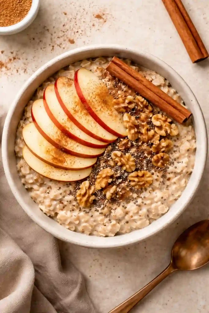 Vista superior de overnight oats con manzana y canela decorados con nueces y rodajas de manzana