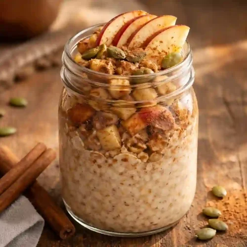 Frasco de avena con manzana y canela overnight oats en capas con semillas de calabaza