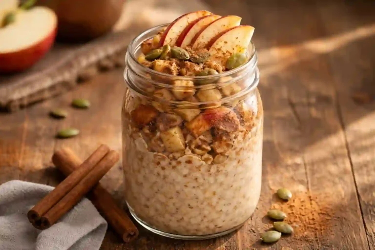 Frasco de avena con manzana y canela overnight oats en capas con semillas de calabaza