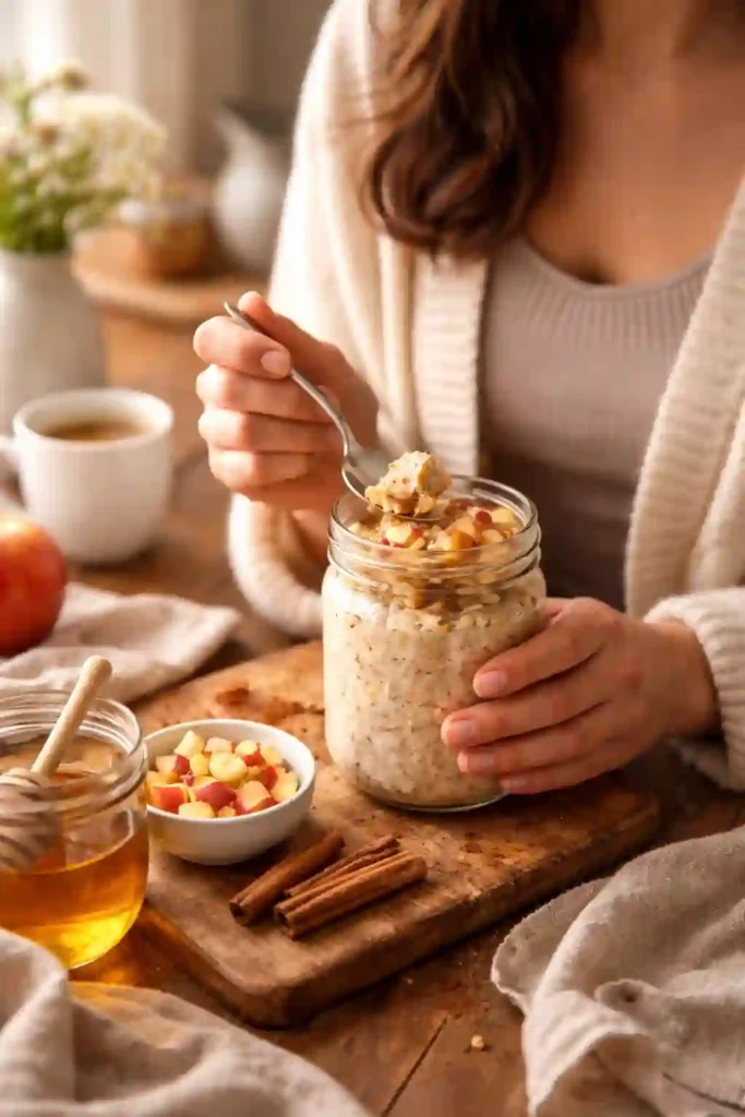 Mujer disfrutando desayuno de overnight oats con manzana y canela en la cocina