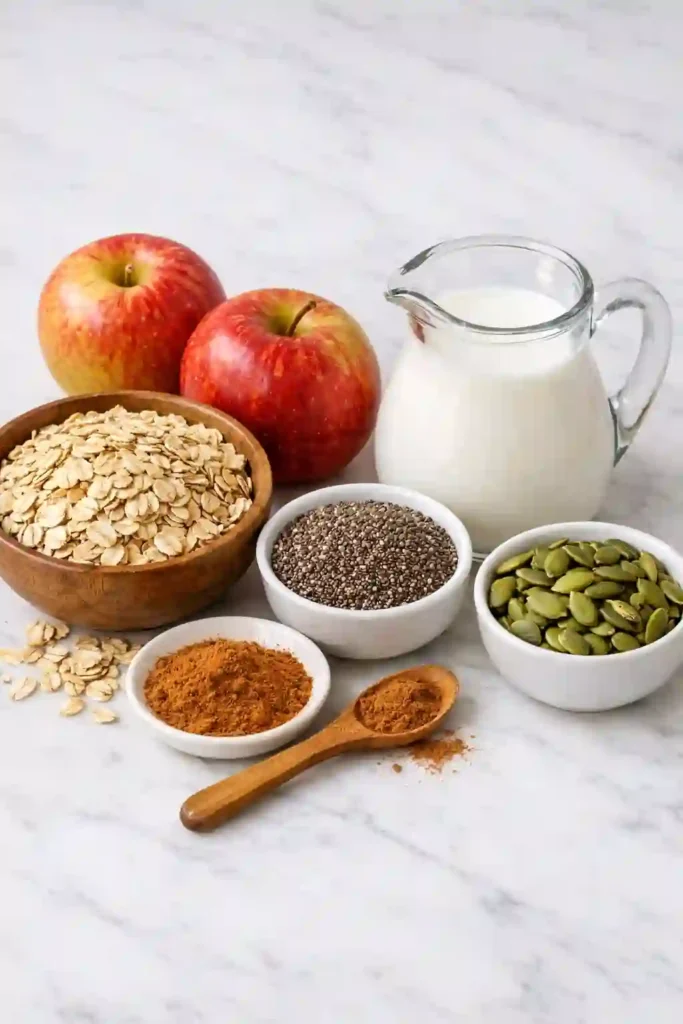 Ingredientes para preparar avena overnight con manzana y canela sobre mesa de mármol