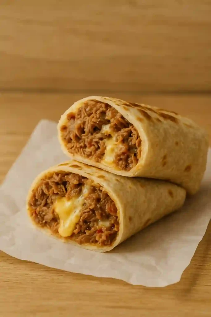 Burrito de machaca cortado mostrando relleno de carne deshebrada con queso y frijoles