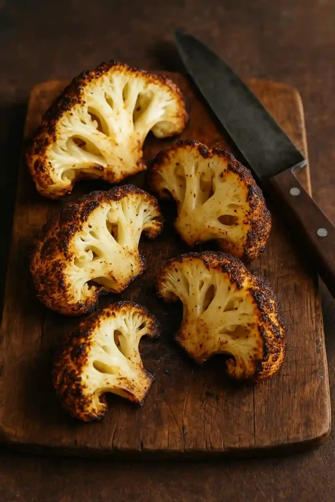 Coliflor entera asada cortada en gajos mostrando textura crujiente exterior y tierna interior