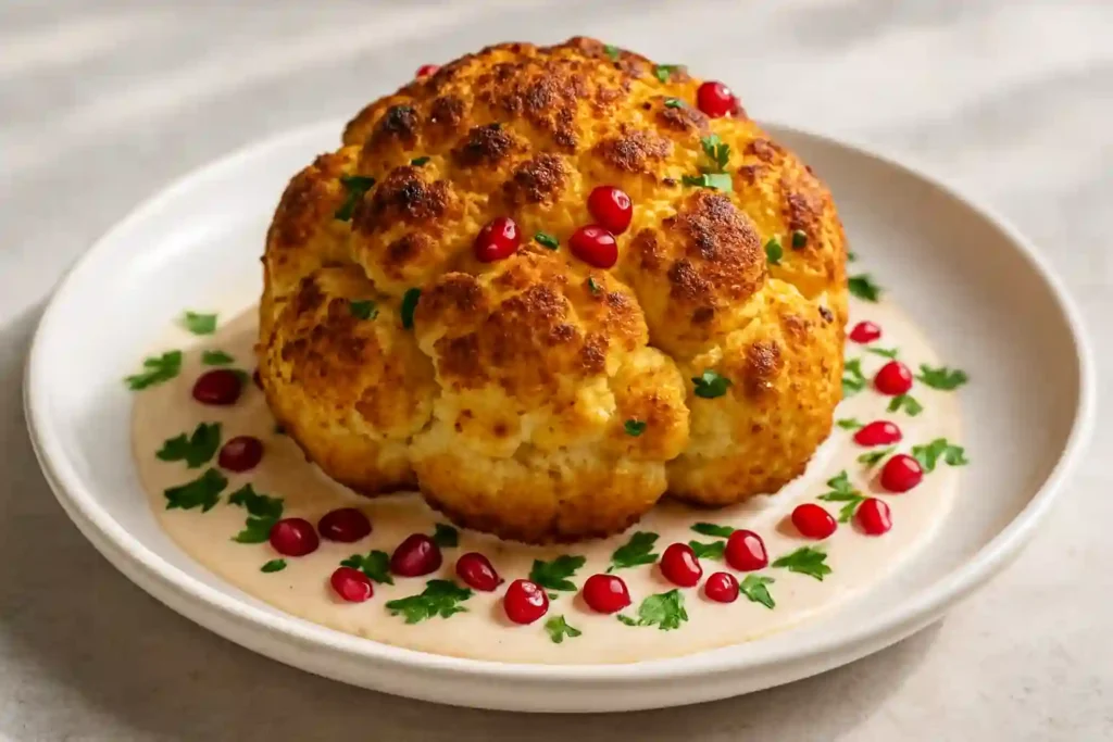 Coliflor entera asada perfectamente dorada servida con salsa de tahini cremosa y decoración de hierbas frescas