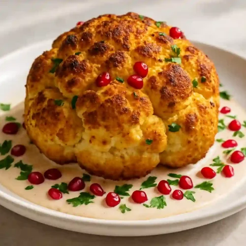 Coliflor entera asada perfectamente dorada servida con salsa de tahini cremosa y decoración de hierbas frescas