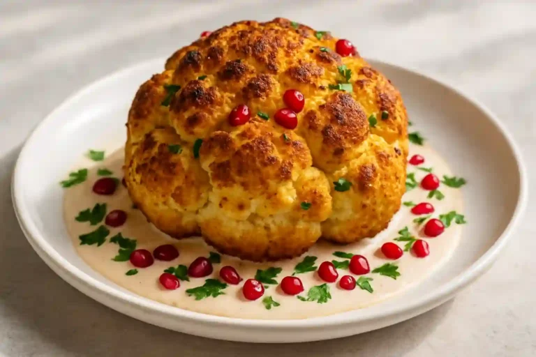 Coliflor entera asada perfectamente dorada servida con salsa de tahini cremosa y decoración de hierbas frescas