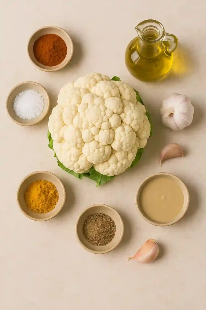Ingredientes frescos para preparar coliflor entera asada incluyendo especias, aceite de oliva y tahini