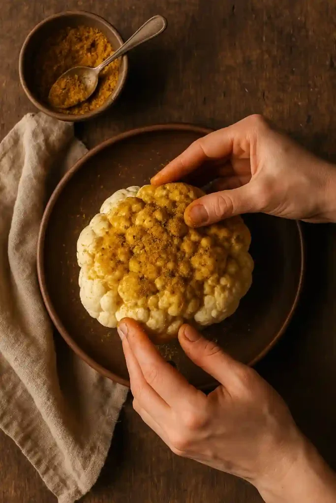 Aplicación de mezcla de especias y aceite de oliva sobre coliflor entera antes de hornear