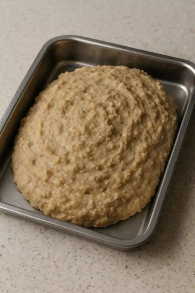 La masa de las croquetas de carrillera se deja enfriar en una bandeja antes de rebozarla en pan rallado.