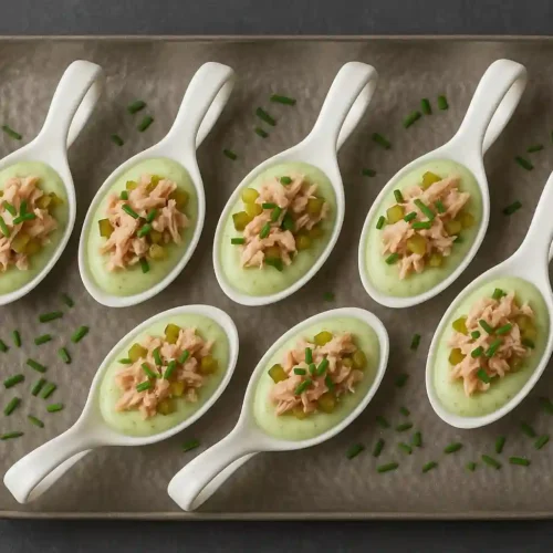 Cucharitas con cremoso de pepino, atún y pepinillos decoradas con huevas
