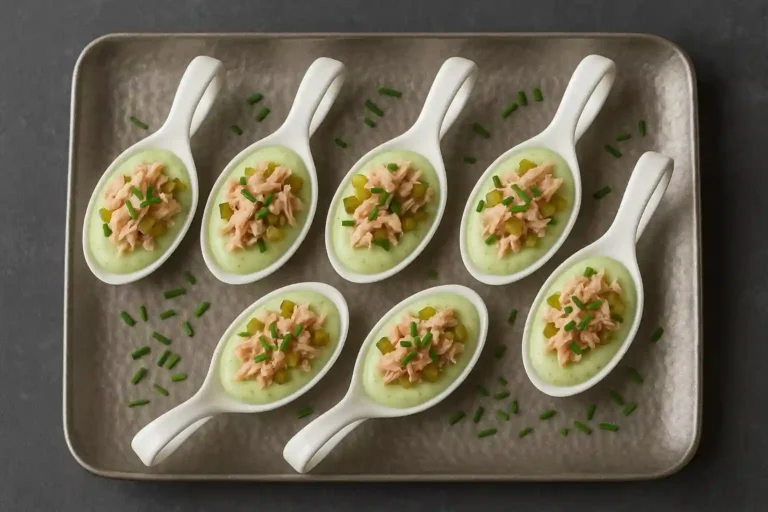 Cucharitas con cremoso de pepino, atún y pepinillos decoradas con huevas