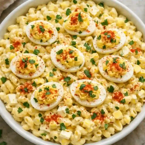 Ensalada de macarrones con huevos endiablados servida en tazón blanco decorada con paprika y perejil