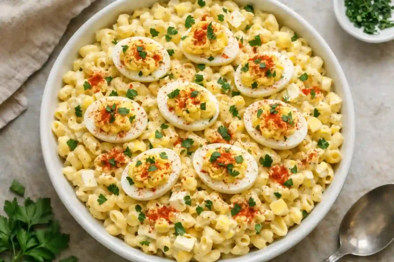 Ensalada de macarrones con huevos endiablados servida en tazón blanco decorada con paprika y perejil