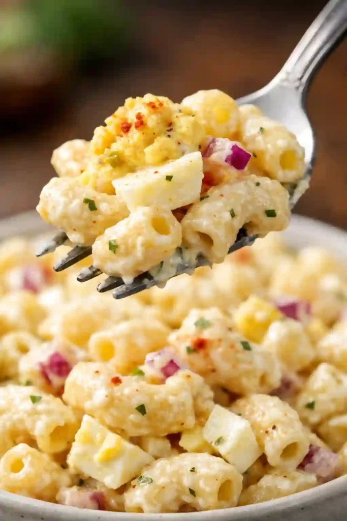 Primer plano de ensalada de macarrones con huevos mostrando textura cremosa y trozos de huevo duro