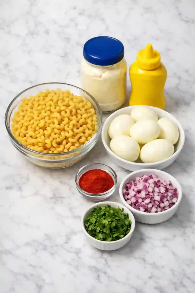 Ingredientes frescos para preparar ensalada de macarrones con huevos endiablados organizados sobre mármol