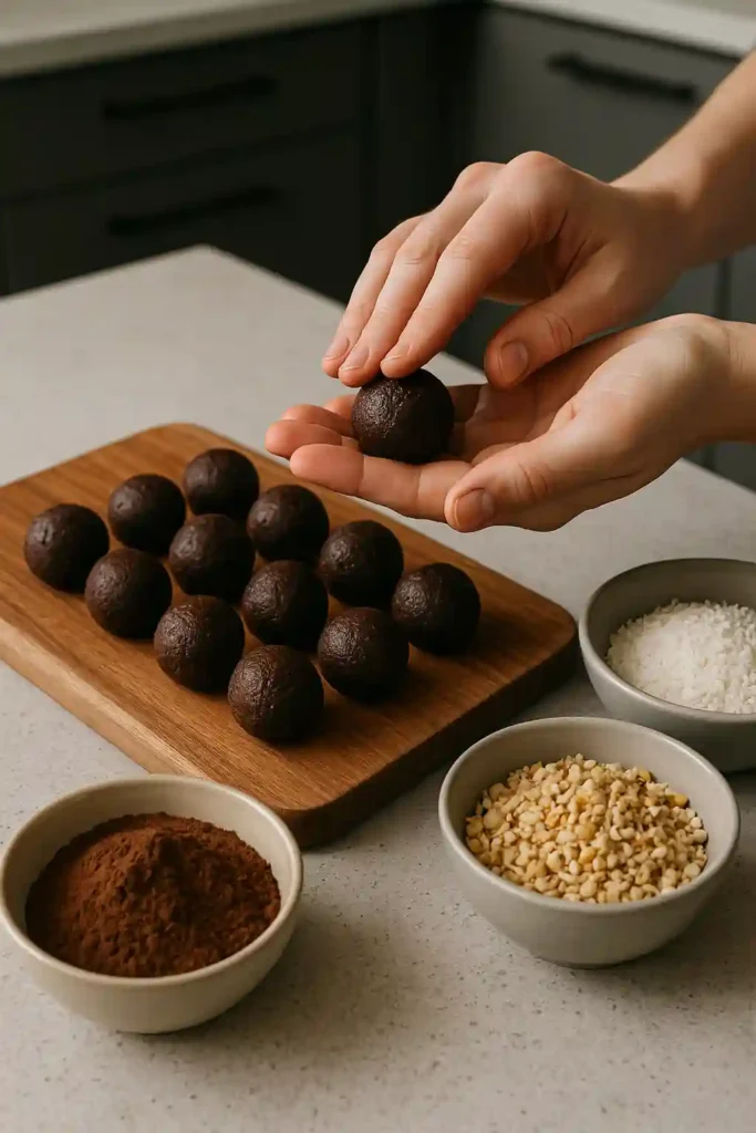 Formando trufas de chocolate a mano con diferentes coberturas de cacao, coco y frutos secos