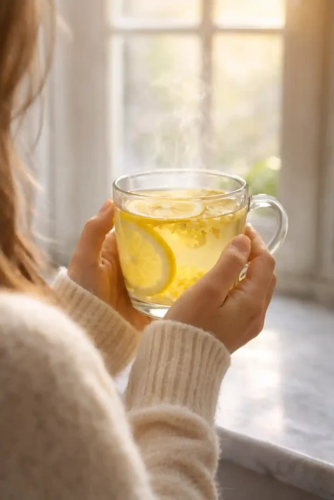 Mujer disfrutando bebida matutina de receta mounjaro natural junto a ventana con luz del sol