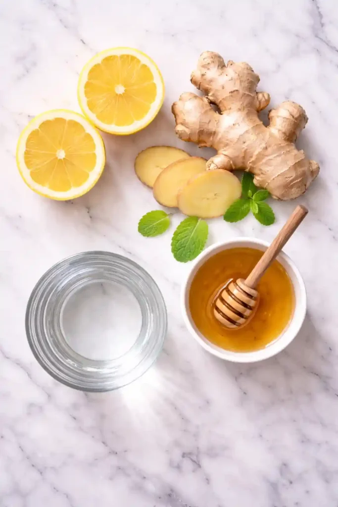 Ingredientes dispuestos para receta mounjaro 4 ingredientes: limón, jengibre, miel y agua