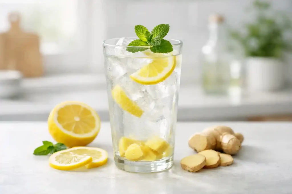 Receta Mounjaro 4 Ingredientes_ fría de receta mounjaro con limón, jengibre y menta en vaso alto con hielo