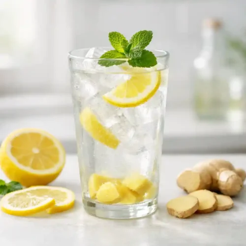 Receta Mounjaro 4 Ingredientes_ fría de receta mounjaro con limón, jengibre y menta en vaso alto con hielo