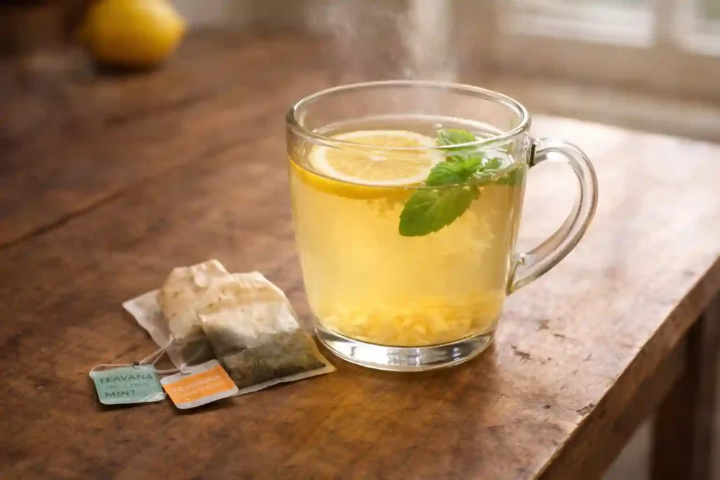 Receta casera del Medicine Ball de Starbucks - té de menta y cítricos con miel en taza blanca con limón y menta fresca