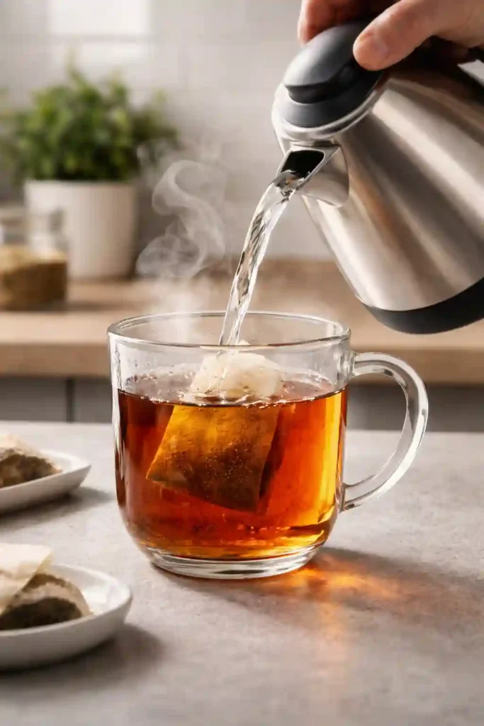 Paso a paso para preparar el té Medicine Ball casero - vertiendo agua caliente con limonada sobre las bolsitas de té