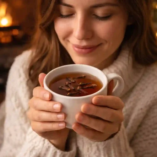 Persona disfrutando una taza caliente de té de clavo de olor