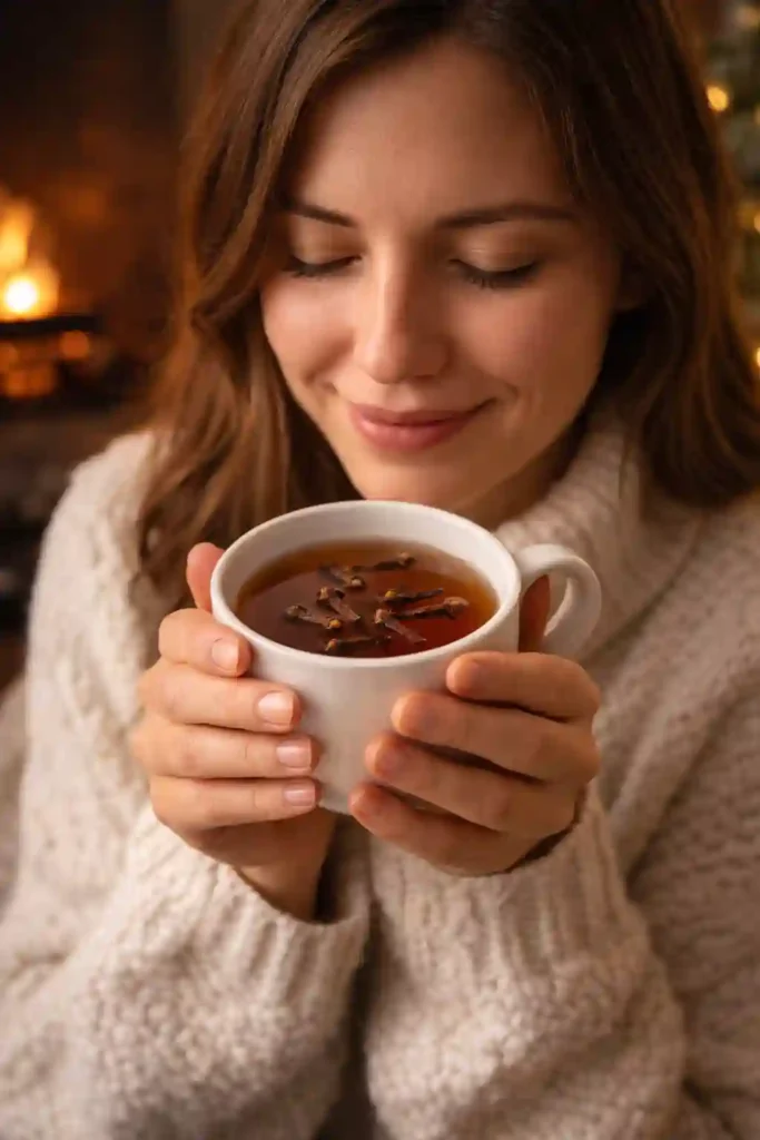 Persona disfrutando una taza caliente de té de clavo de olor