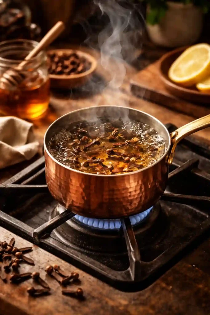 Preparación de té de clavo en olla de cobre con clavos enteros