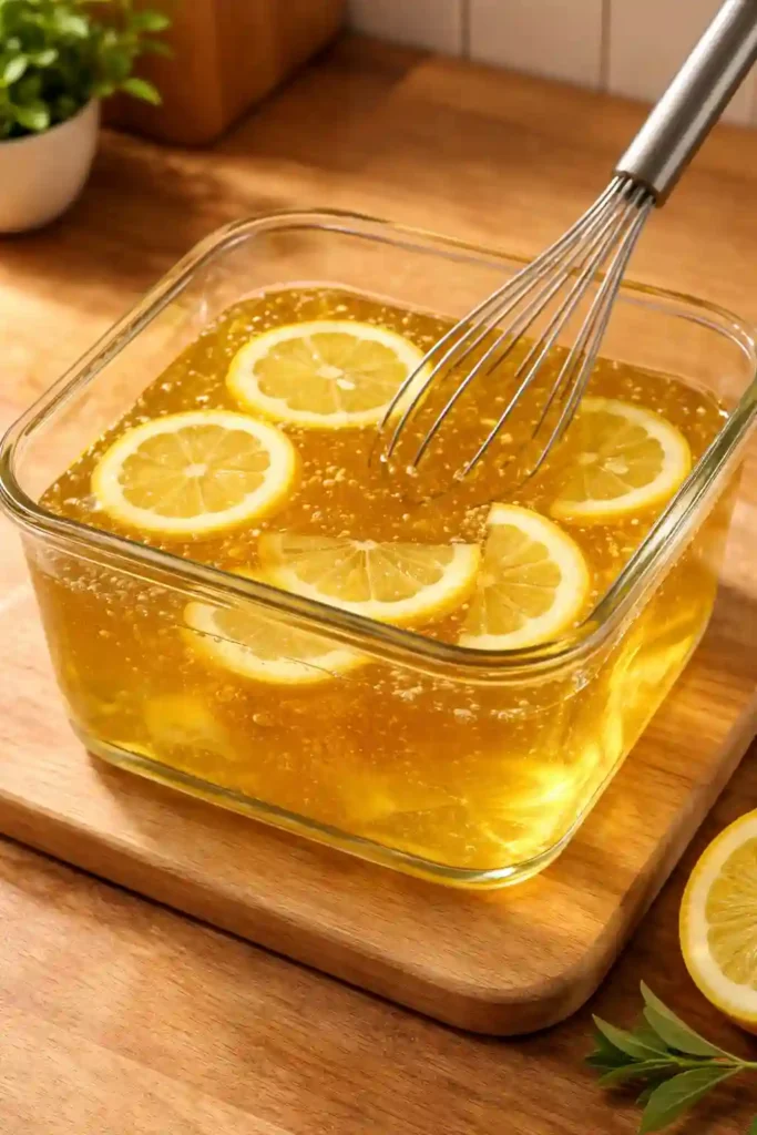 Mezcla líquida del truco de gelatina con limón en recipiente de vidrio antes de refrigerar - paso intermedio de la receta