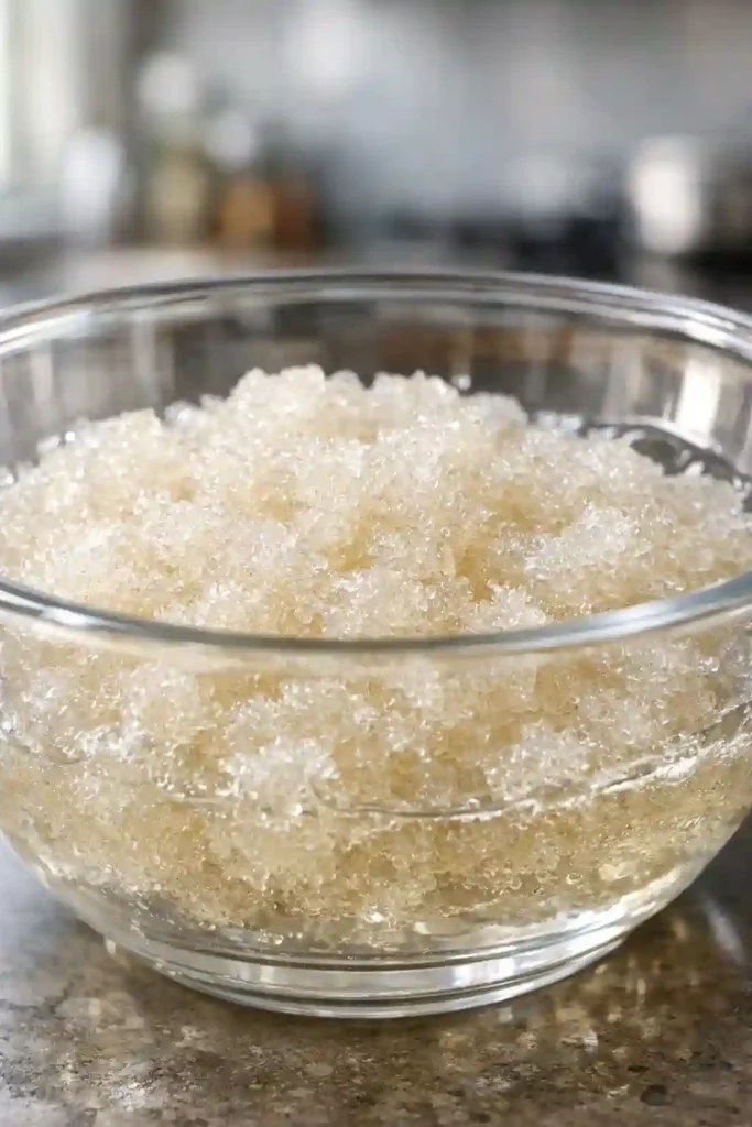 Paso de hidratación de la gelatina (blooming) para la receta del truco de gelatina - textura esponjosa en tazón de vidrio transparente