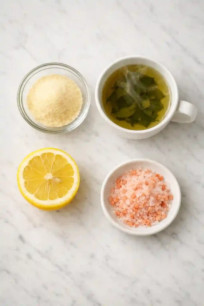 Ingredientes para la receta del truco de gelatina para perder peso - gelatina sin sabor, té verde, limón fresco y sal rosa del Himalaya sobre encimera de mármol