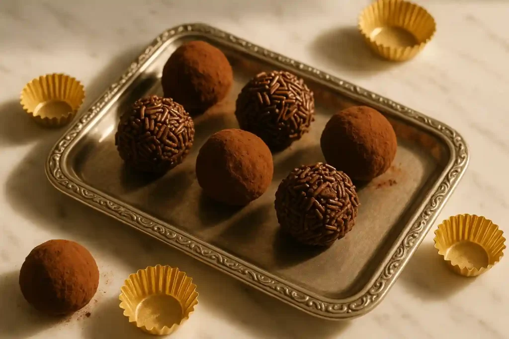 Trufas de chocolate caseras con diferentes coberturas de cacao y fideos de chocolate en bandeja elegante